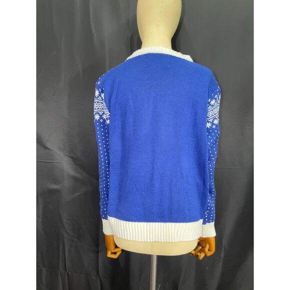 Happy Holidays Sweater Electric Blue with Sequence Reindeer and White Snowflakes - Picture 3 of 7
